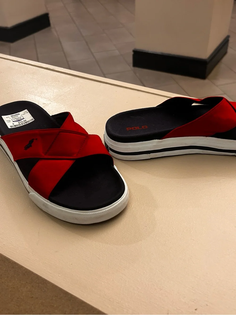Polo by Ralph Lauren Red Cross-Strap Black Footbed White Sole Slide Sandals 11 B